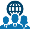 Three business people in front of a globe icon