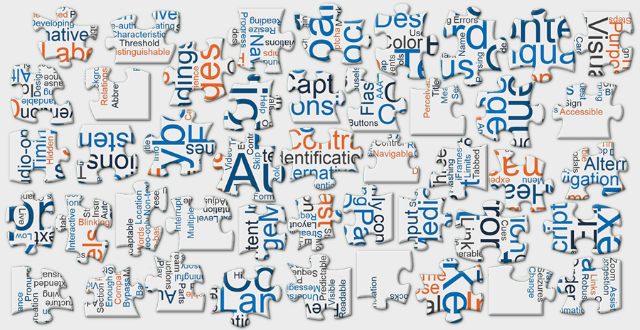 Word cloud displayed in separated puzzle pieces, conveying the idea that WCAG is like a separated jigsaw puzzle.