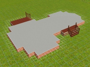 Computer generated image of house foundation (bricks, concrete and stairs).