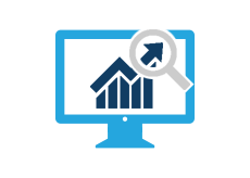 Icon of a magnifying glass over statistics displayed on a computer monitor