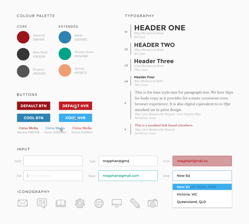 Sample style guide outlining colour palette, typography, buttons, input fields and iconography