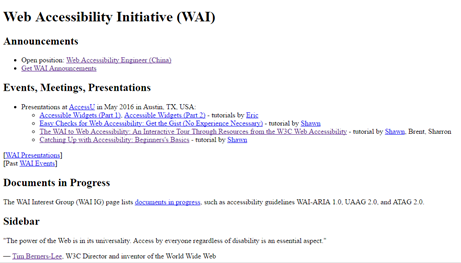 Web Accessibility Initiative (WAI) home page with Style sheets turned off.