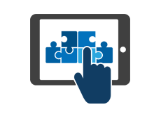 Icon of extended index finger touching puzzle pieces on a tablet device